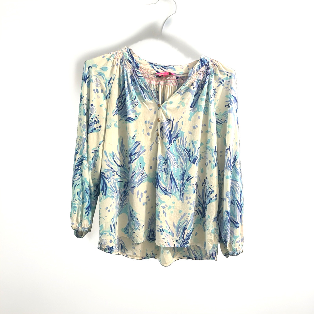 Lilly Pulitzer Elsa Top Blue White Coral Print 100% Silk Blouse Sz Large
